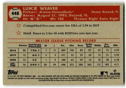 Baseball card of Luke Weaver featuring pitching stats from Topps Chrome Platinum Anniversary