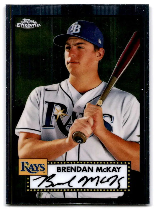 Baseball card of Brendan McKay in white jersey for Topps Chrome Platinum Anniversary Tampa Bay Rays