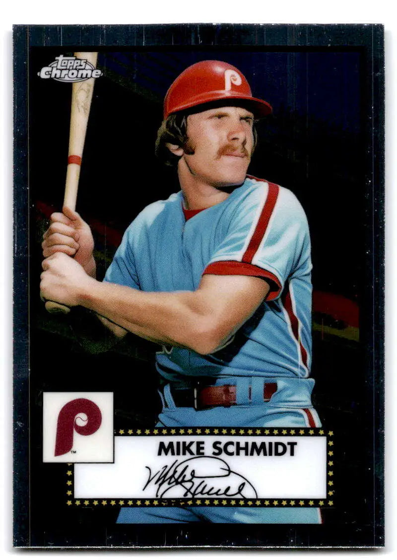 Mike Schmidt in powder blue uniform on 2021 Topps Chrome Platinum Anniversary baseball card