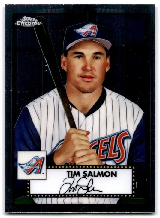 Baseball player in Angels uniform with bat on 2021 Topps Chrome Platinum card of Tim Salmon