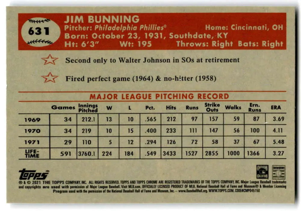 Baseball card featuring Jim Bunning’s MLB pitching statistics from Topps Chrome