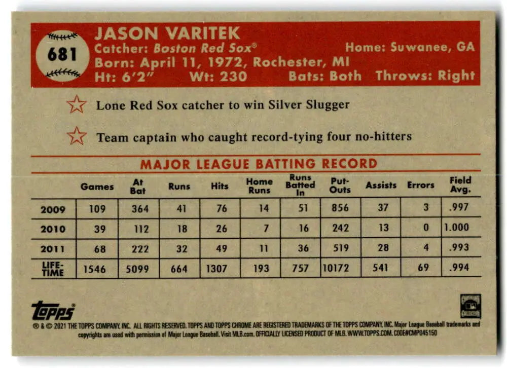 Baseball card featuring Jason Varitek career stats for Boston Red Sox collectors