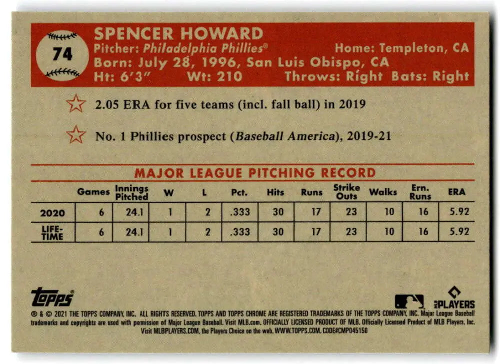 Baseball card featuring Spencer Howard pitching stats from 2021 Topps Platinum Anniversary