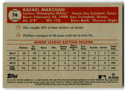 Baseball card of Rafael Marchan showcasing minor league stats for Philadelphia Phillies