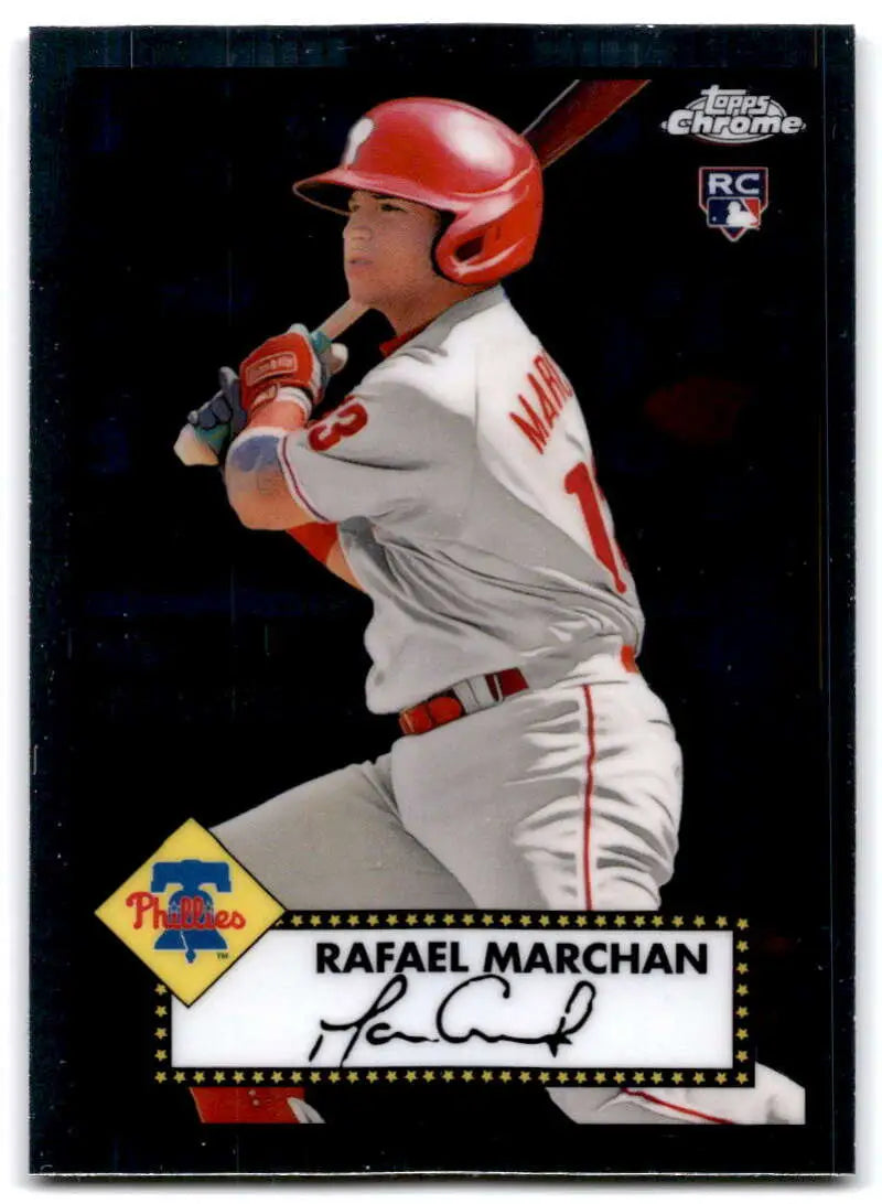 Baseball card of Rafael Marchan in a Philadelphia Phillies uniform batting