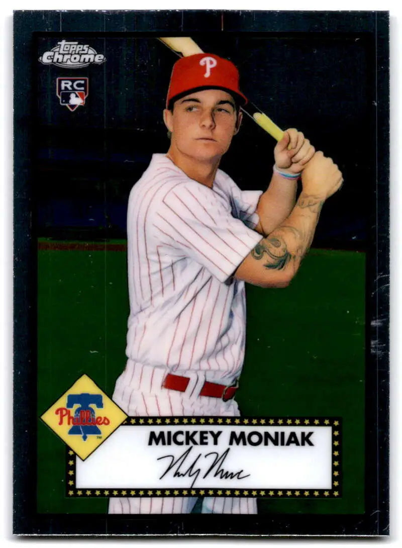 Baseball trading card of Mickey Moniak in pinstriped uniform, Topps Chrome Platinum Anniversary