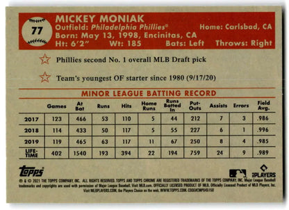 Mickey Moniak minor league stats on 2021 Topps Chrome Platinum Anniversary baseball card