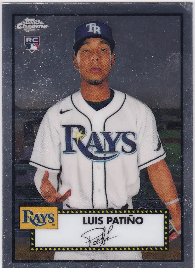 Baseball card of Luis Patino in white jersey from Topps Chrome Platinum Anniversary