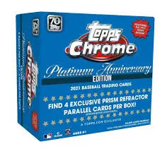 Blue Topps Chrome Platinum Anniversary mega box with silver text and star decorations