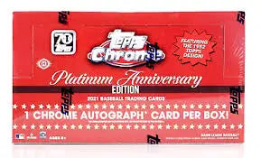 Red Topps Chrome Platinum Anniversary sealed box with stars and white text design