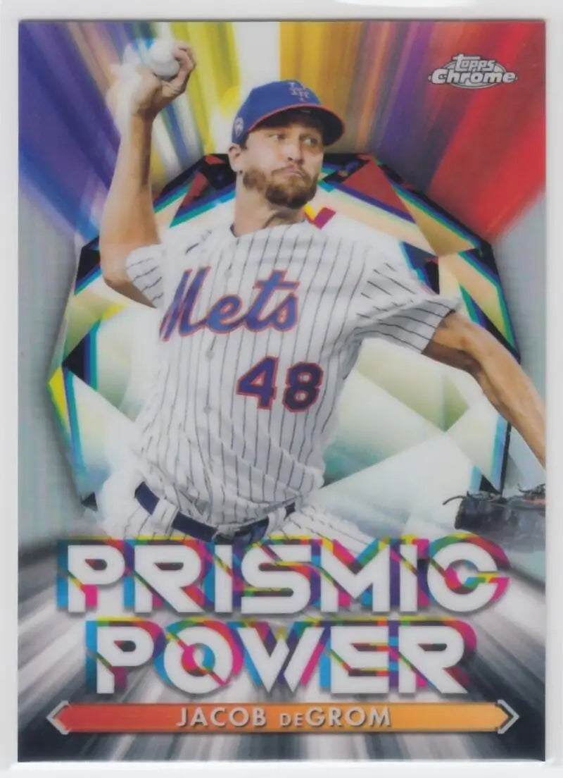 Topps Chrome Prismic Power card of Jacob deGrom pitching in Mets jersey number 48