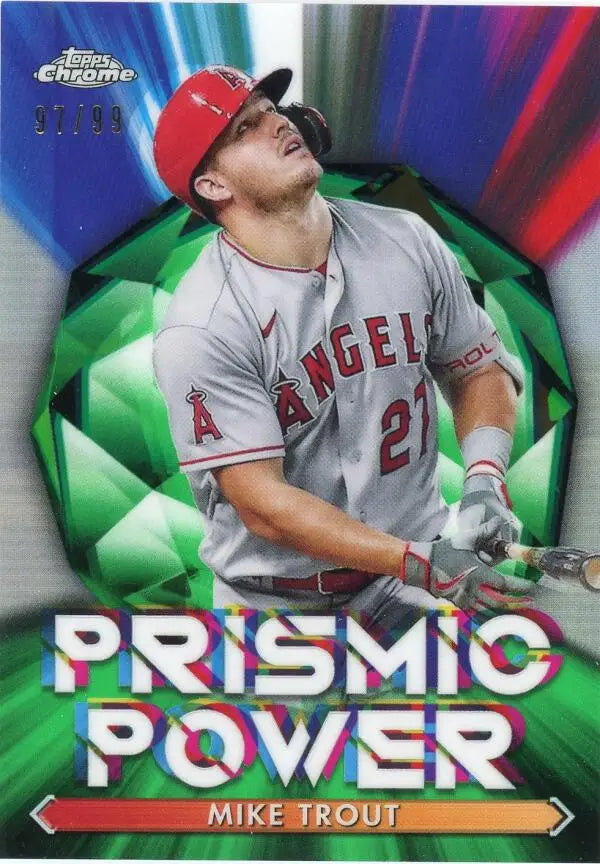 Baseball card of Mike Trout in gray Angels uniform, featuring Prismic Power Refractor design