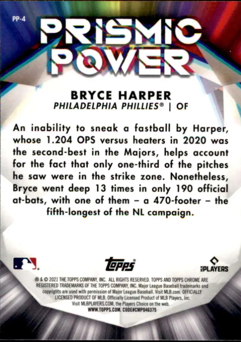 Bryce Harper baseball card highlighting 2020 fastball hitting statistics in Prismic Power Refractor