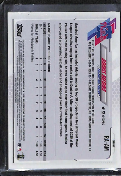 Back side of 2021 Topps Chrome Adonis Medina Rookie Auto baseball card with stats