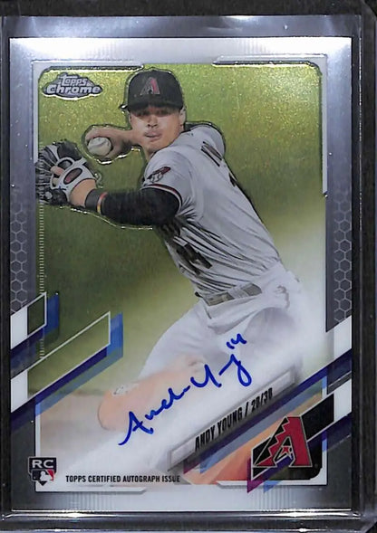 Signed Andy Young Rookie Baseball Card with Chrome Finish and Green Refractor Effect