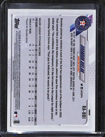 Back of 2021 Topps Chrome Brandon Bielak Rookie Auto Baseball Card with statistics