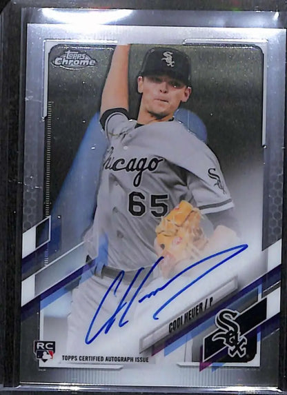 Signed Codi Heuer Topps Chrome Baseball Card in gray White Sox uniform, number 65