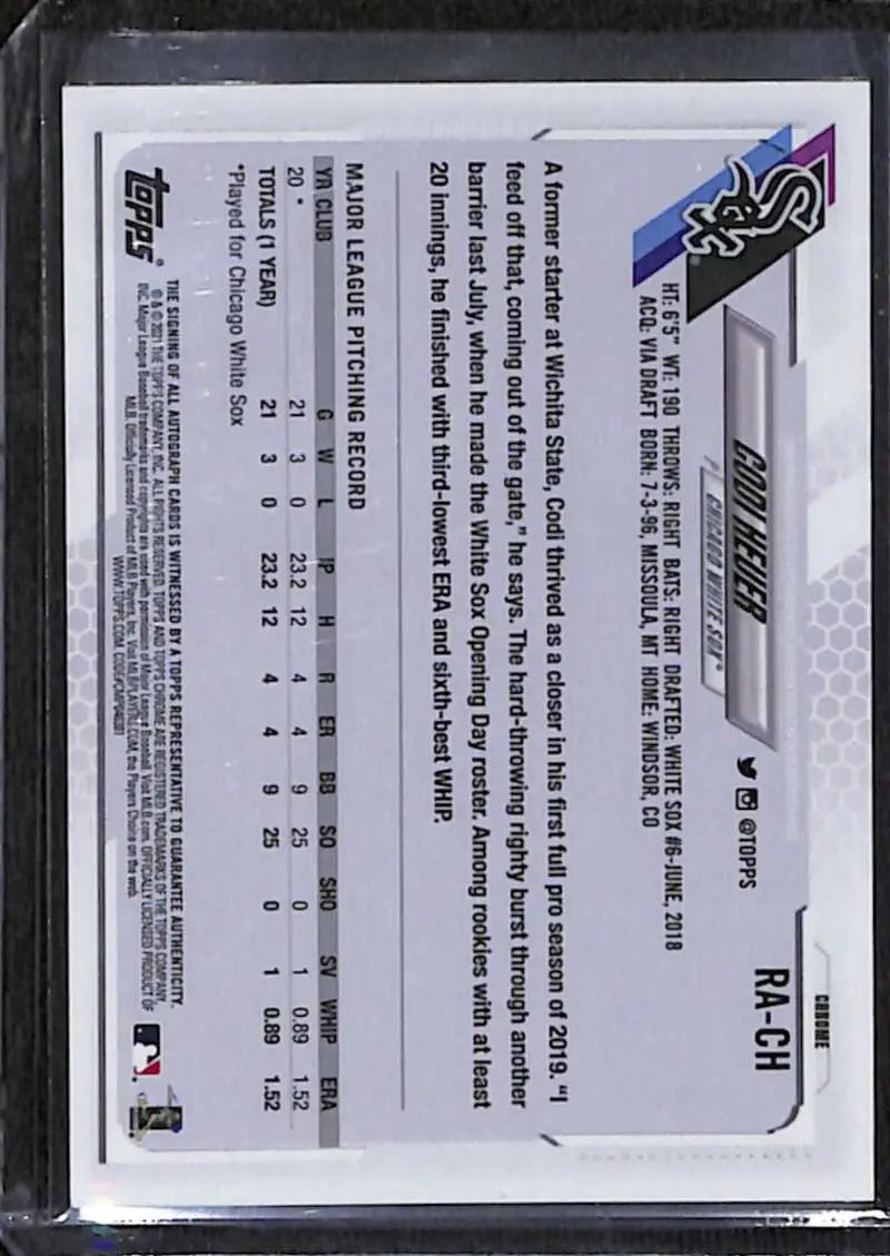 Back of 2021 Topps Chrome Codi Heuer Baseball Card with White Sox logo and text detail