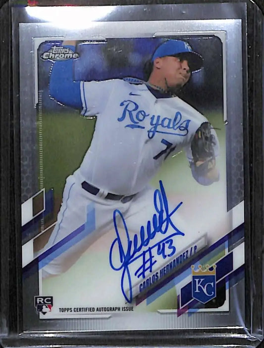 Signed Carlos Hernandez Rookie baseball card in protective case from 2021 Topps Chrome