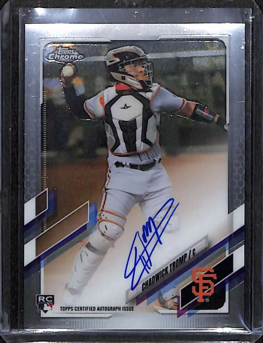 Signed 2021 Topps Chrome Chadwick Tromp Rookie Auto Baseball Card featuring catcher