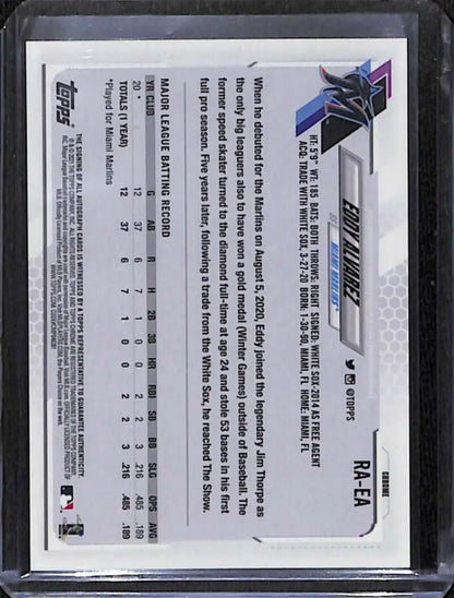 Back of 2021 Topps Chrome Eddy Alvarez Rookie Auto card displaying stats and information