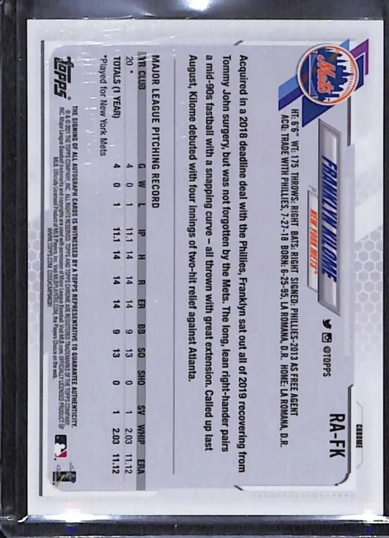 Back of 2021 Topps Chrome Franklyn Kilome Rookie Auto baseball card showing stats