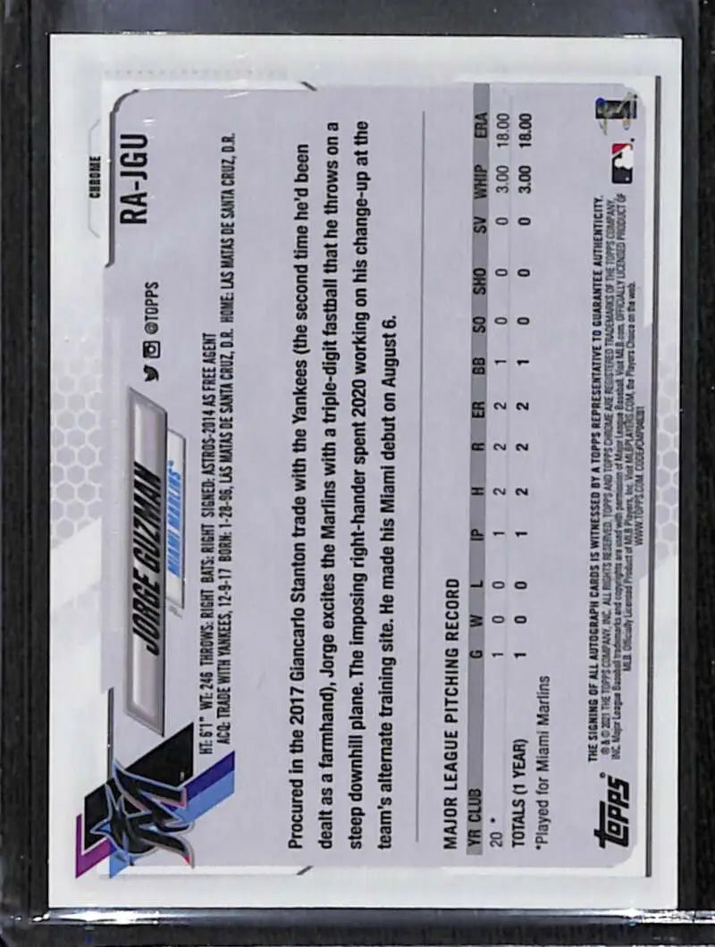 Back side of 2021 Topps Chrome Jorge Guzman Rookie Auto Baseball Card with stats