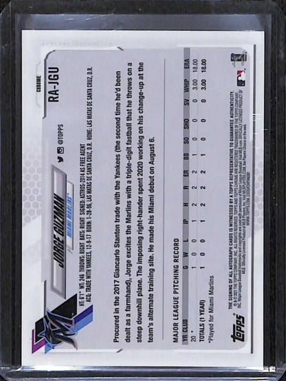 Back side of 2021 Topps Chrome Jorge Guzman Rookie Auto card with text and statistics