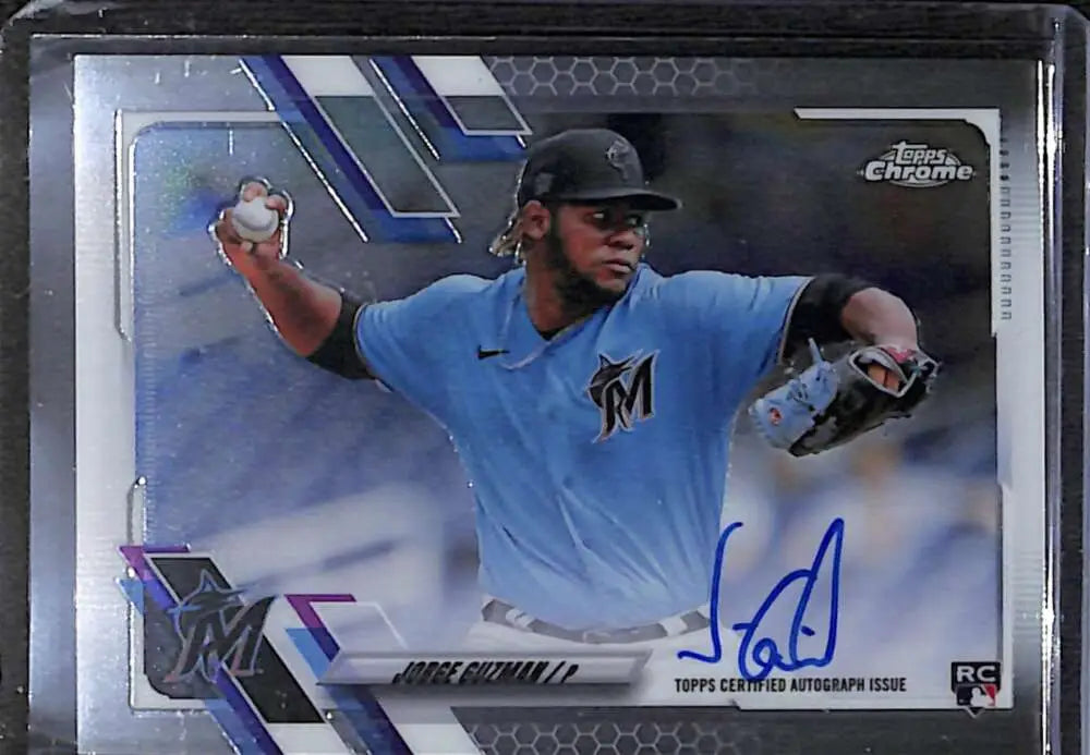 Baseball card featuring Jorge Guzman in light blue uniform from Topps Chrome collection