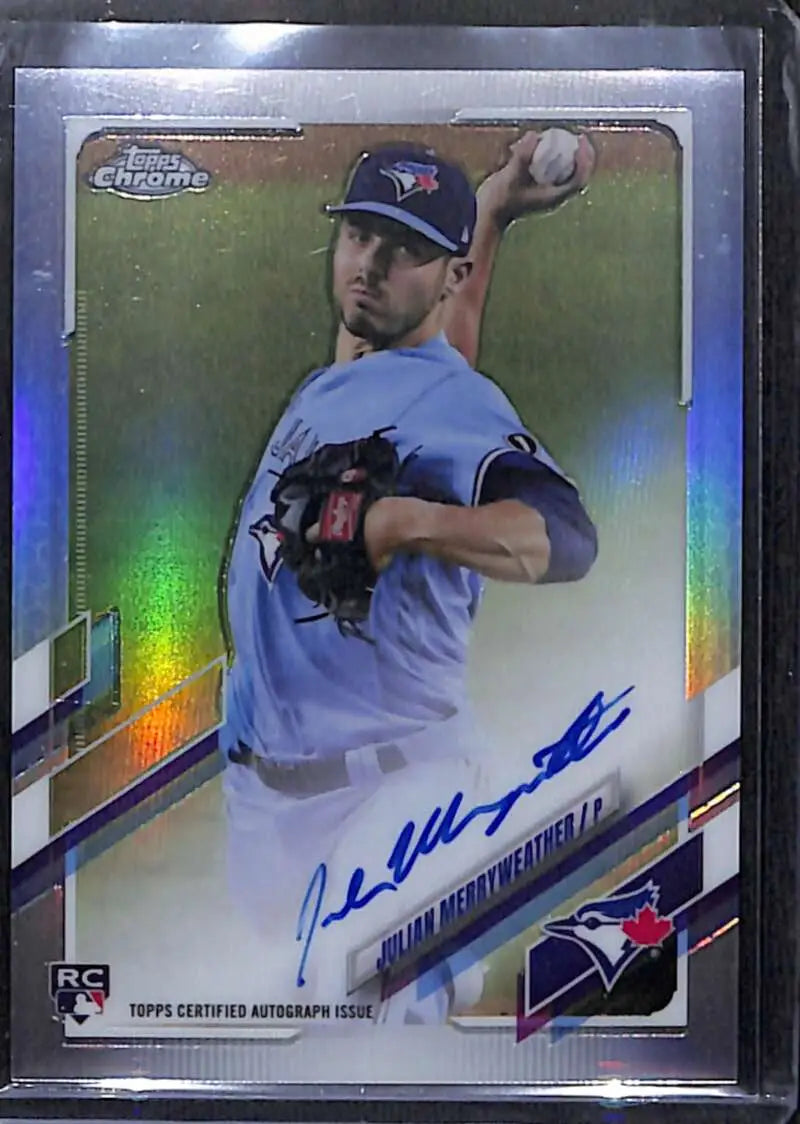 Signed Topps Chrome Julian Merryweather Rookie Auto Baseball Card with holographic finish