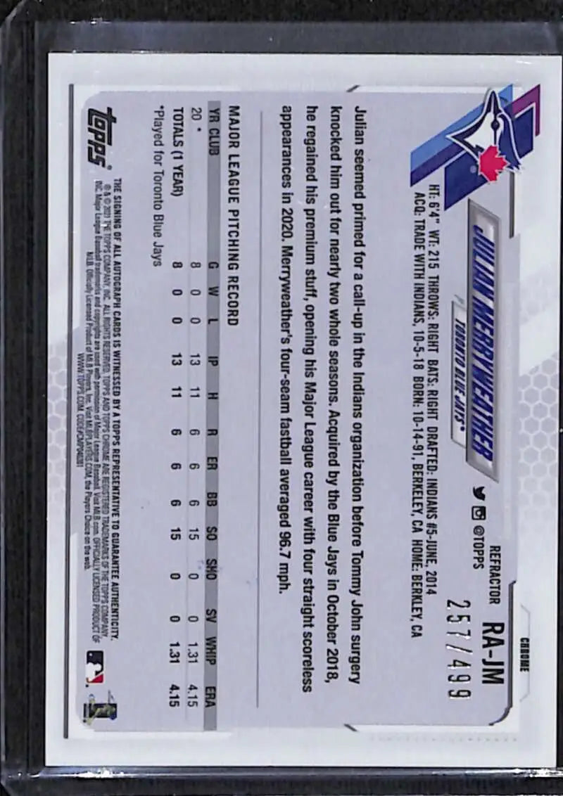 Back side of 2021 Topps Chrome Julian Merryweather Rookie card displaying stats