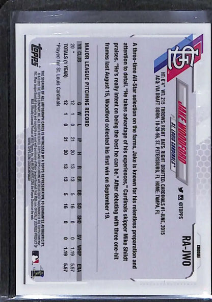 Back side of 2021 Topps Chrome Jake Woodford Rookie Auto baseball trading card stats