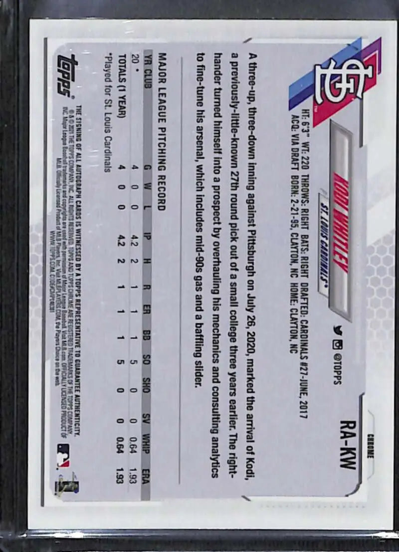 Back side of 2021 Topps Chrome Kodi Whitley Rookie Auto Baseball Card with stats