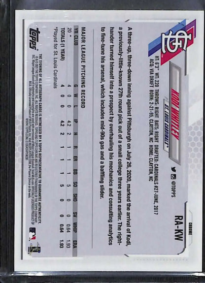 Back side of 2021 Topps Chrome Kodi Whitley Rookie Auto Baseball Card with stats