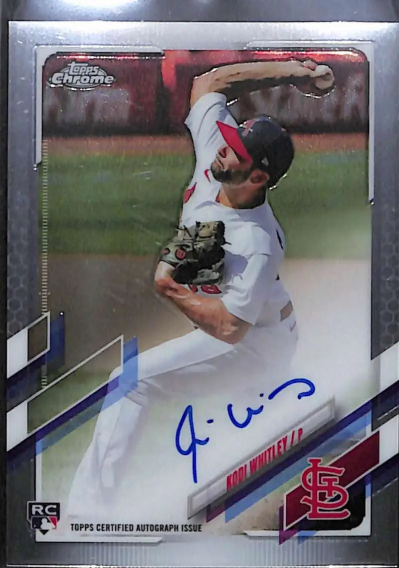 Signed Kodi Whitley Rookie Auto baseball card with St. Louis Cardinals pitcher mid-throw