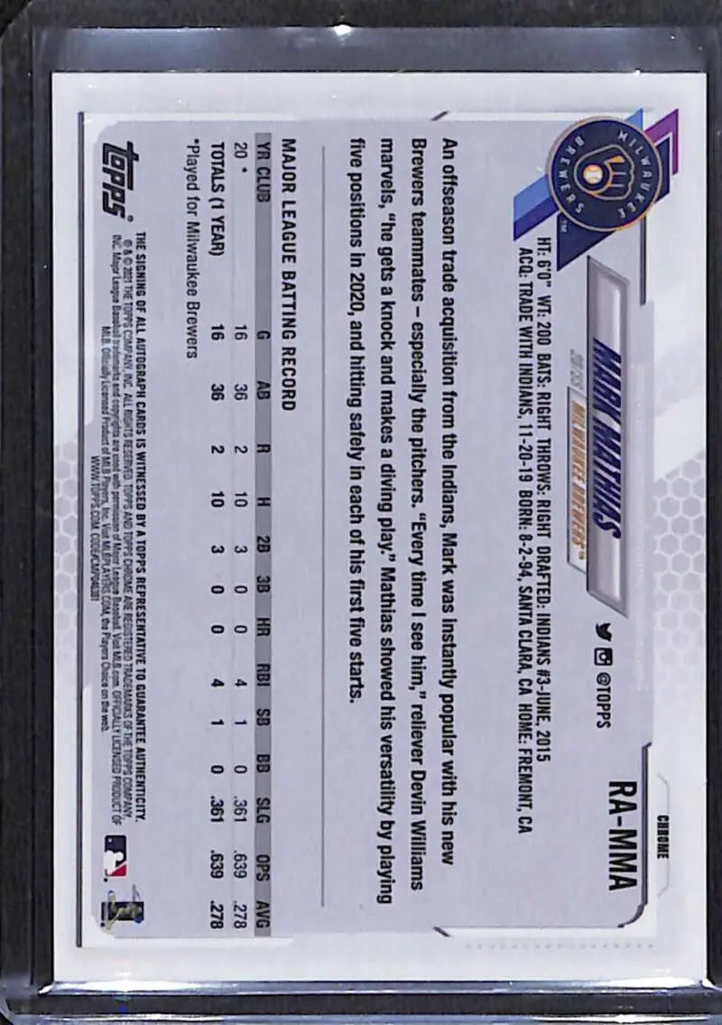 Back side of 2021 Topps Chrome Mark Mathias Rookie Auto baseball card with stats