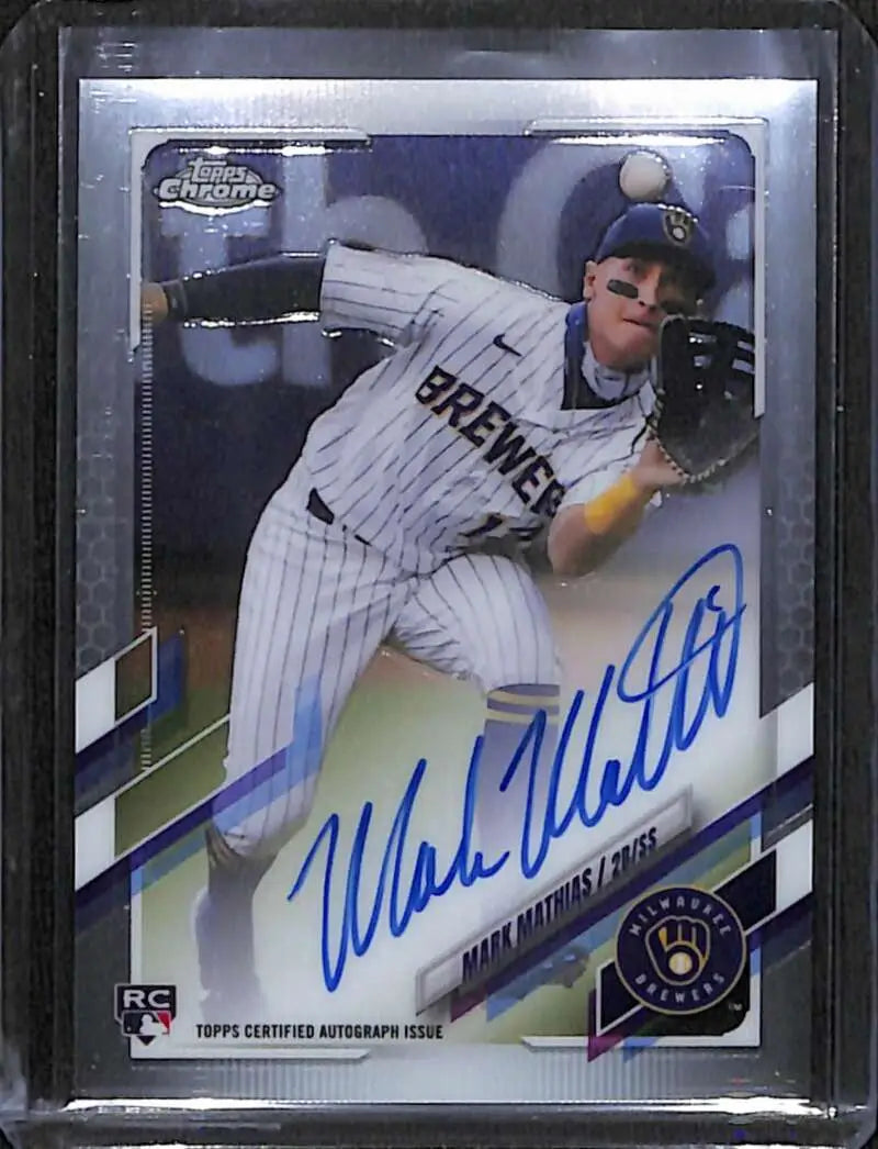 Signed Mark Mathias Rookie Auto Baseball Card in white pinstriped uniform throwing