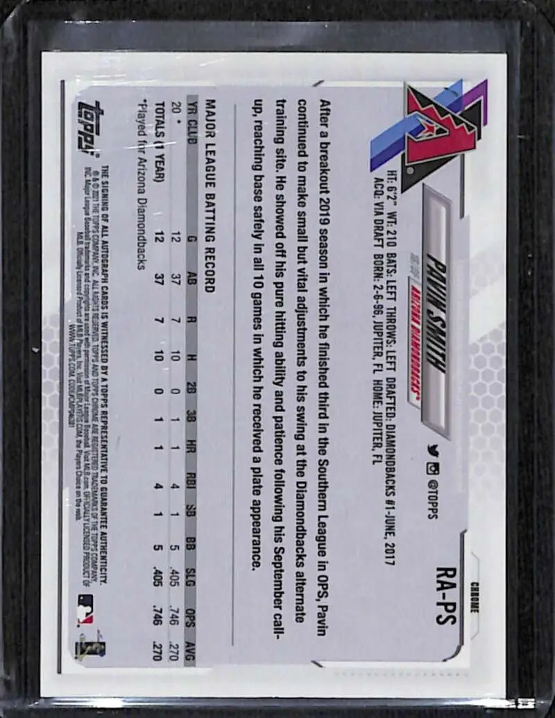 Back of 2021 Topps Chrome Pavin Smith Rookie Auto card with player statistics