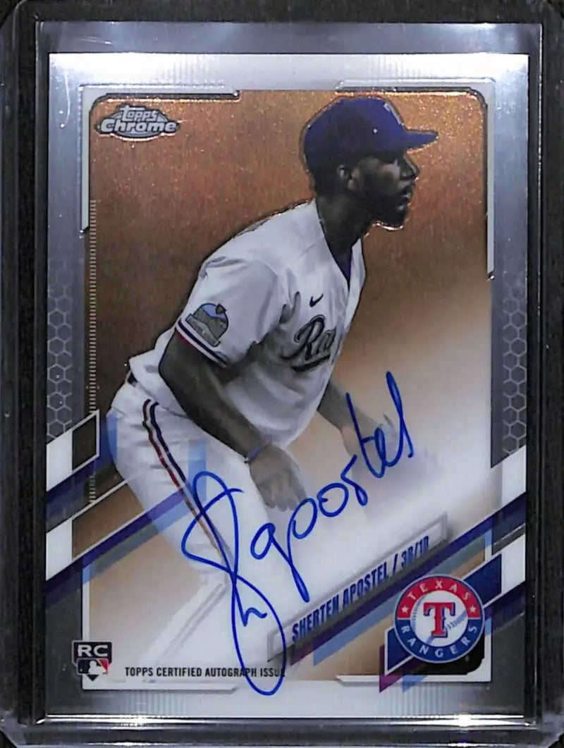 Signed Sherten Apostel rookie baseball card featuring Texas Rangers player in uniform