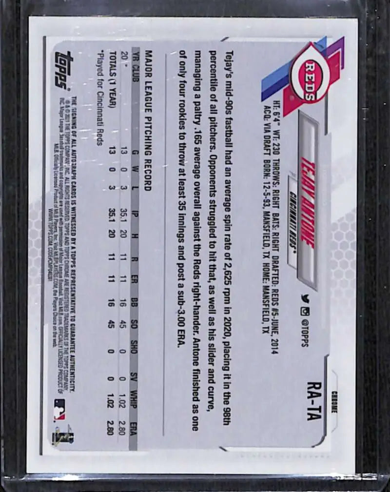 Back side of 2021 Topps Chrome Tejay Antone Rookie Auto baseball card with stats