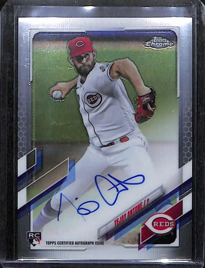 Signed Tejay Antone Rookie Auto baseball card in white uniform, part of Topps Chrome series