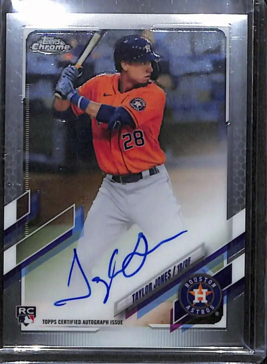 Signed Taylor Jones baseball card in orange jersey from 2021 Topps Chrome Rookie Auto