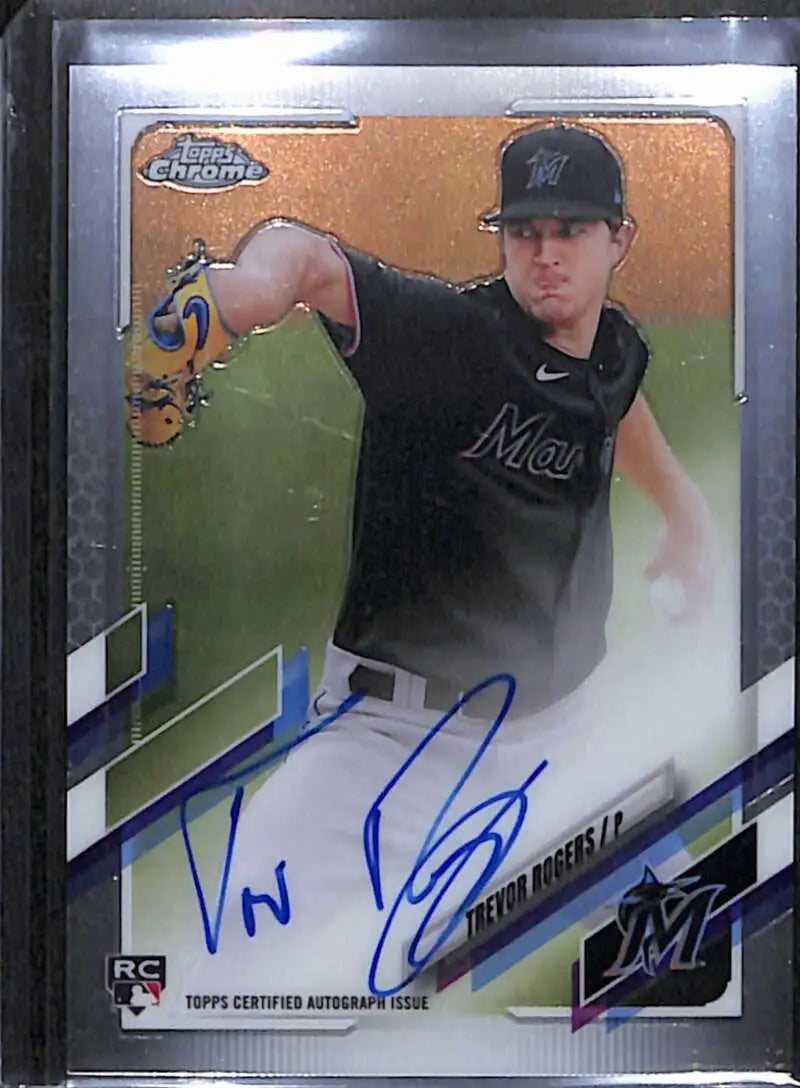 Trevor Rogers Rookie Auto Baseball Card from 2021 Topps Chrome in black uniform