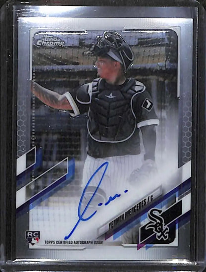 Signed Yermin Mercedes Rookie Auto baseball card featuring White Sox catcher in gear