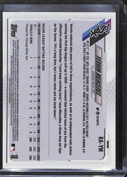 Back of 2021 Topps Chrome Yermin Mercedes Rookie Baseball Card showing statistics