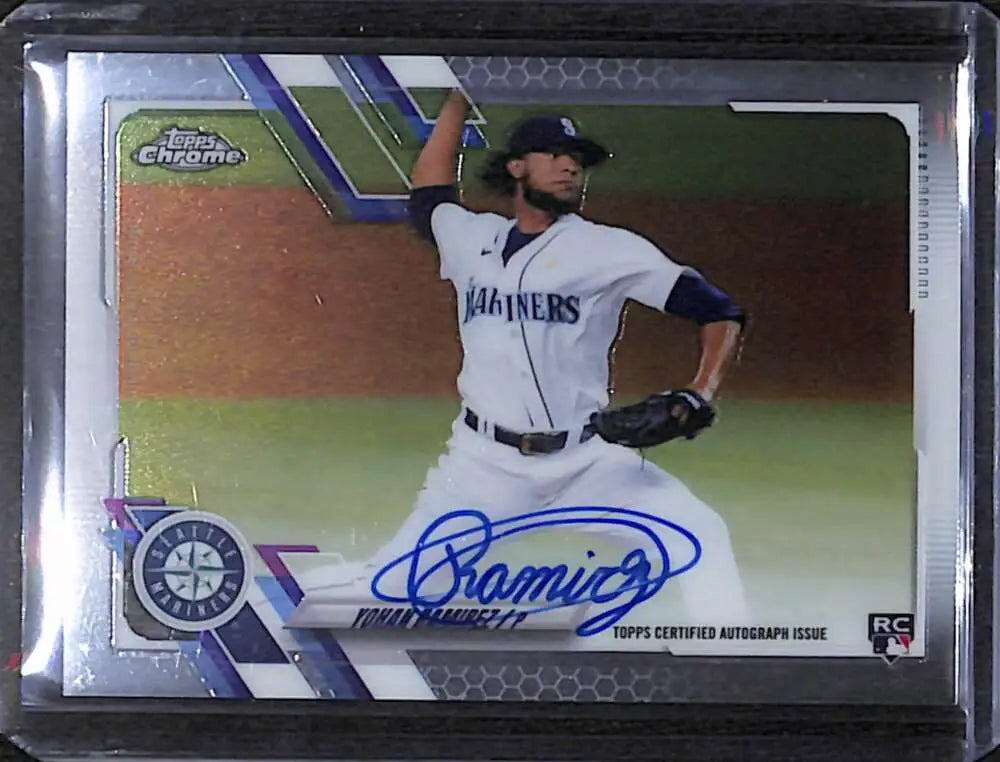 Signed Yohan Ramirez Topps Chrome baseball card displayed in a protective case