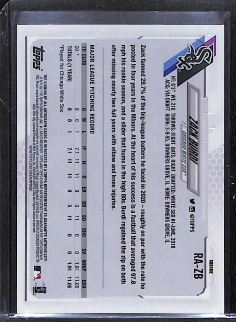 Back side of 2021 Topps Chrome Zack Burdi Rookie Auto baseball card with statistics