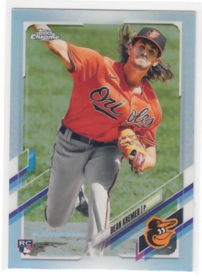 Dean Kremer mid-delivery in orange jersey on 2021 Topps Chrome Refractor baseball card