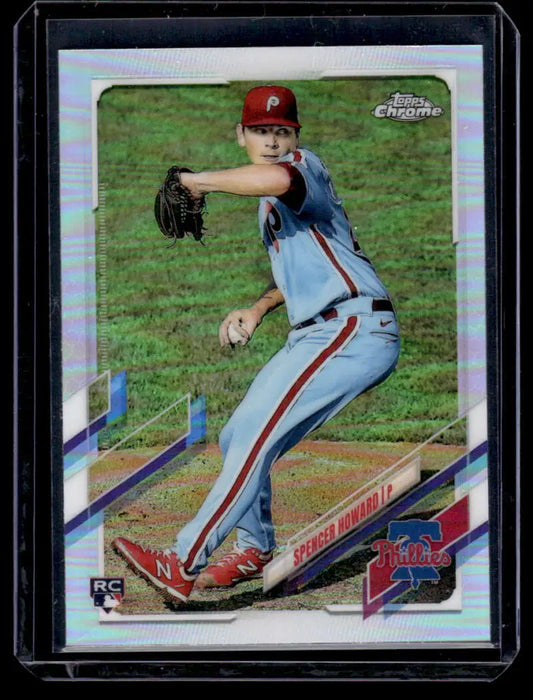 Chrome finish Topps Chrome Refractor of Spencer Howard pitching for the Phillies