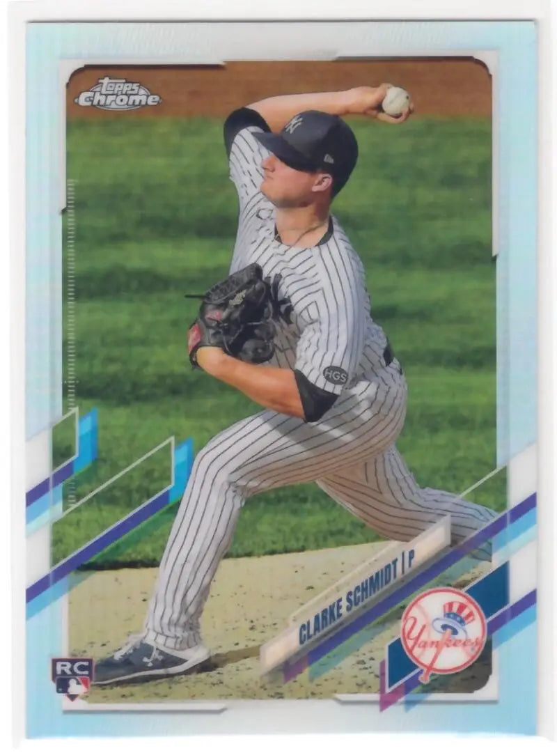 Clarke Schmidt pitching in pinstripes on a New York Yankees baseball card